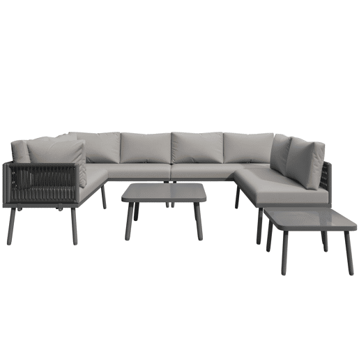 Conjunto de móveis de jardim em ferro + 8 lugares - Sofá em forma de U, 2 mesas, 4 sofás de 2 lugares, almofadas incluídas - Cinza