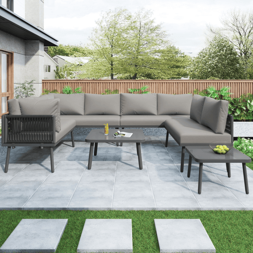 Conjunto de móveis de jardim em ferro + 8 lugares - Sofá em forma de U, 2 mesas, 4 sofás de 2 lugares, almofadas incluídas - Cinza
