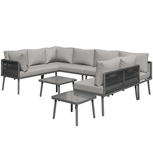 Conjunto de móveis de jardim em ferro + 8 lugares - Sofá em forma de U, 2 mesas, 4 sofás de 2 lugares, almofadas incluídas - Cinza