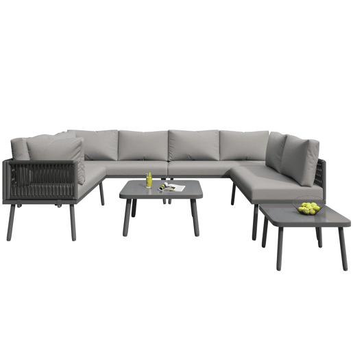 Conjunto de móveis de jardim em ferro + 8 lugares - Sofá em forma de U, 2 mesas, 4 sofás de 2 lugares, almofadas incluídas - Cinza