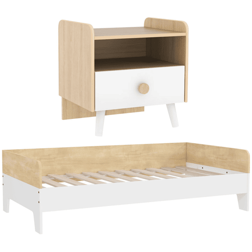 AIYAPLAY Conjunto para Crianças inclui 1 Cama Infantil de Madeira 140x70 cm Suporta 80 kg e 1 Mesa de Cabeceira com Gaveta para Quarto Branco e Madeira
