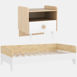 AIYAPLAY Conjunto para Crianças inclui 1 Cama Infantil de Madeira 140x70 cm Suporta 80 kg e 1 Mesa de Cabeceira com Gaveta para Quarto Branco e Madeira