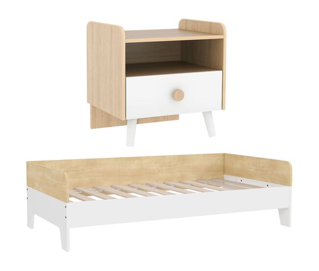 Aiyaplay conjunto para niños incluye 1 cama para niños de +3 años de madera 140x70 cm carga 80 kg y 1 mesita de noche infantil con cajón y bordes redondeados para dormitorio blanco y natural