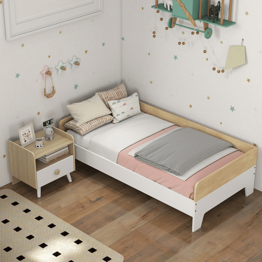 AIYAPLAY Conjunto para Crianças inclui 1 Cama Infantil de Madeira 140x70 cm Suporta 80 kg e 1 Mesa de Cabeceira com Gaveta para Quarto Branco e Madeira