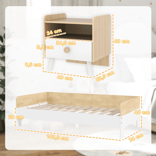 AIYAPLAY Conjunto para Crianças inclui 1 Cama Infantil de Madeira 140x70 cm Suporta 80 kg e 1 Mesa de Cabeceira com Gaveta para Quarto Branco e Madeira