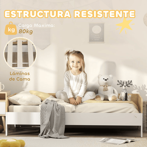 AIYAPLAY Conjunto para Crianças inclui 1 Cama Infantil de Madeira 140x70 cm Suporta 80 kg e 1 Mesa de Cabeceira com Gaveta para Quarto Branco e Madeira
