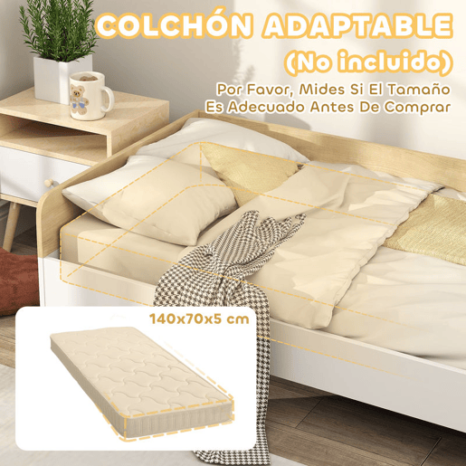 AIYAPLAY Conjunto para Crianças inclui 1 Cama Infantil de Madeira 140x70 cm Suporta 80 kg e 1 Mesa de Cabeceira com Gaveta para Quarto Branco e Madeira