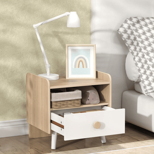 AIYAPLAY Conjunto para Crianças inclui 1 Cama Infantil de Madeira 140x70 cm Suporta 80 kg e 1 Mesa de Cabeceira com Gaveta para Quarto Branco e Madeira