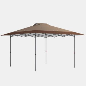Outsunny Tenda Dobrável Pop-up Gazebo 4x4 m com Bloqueio Central, UPF50+, Altura Ajustável, 4 Sacos de Areia e Bolsa de Transporte com Rodas, para Camping, Festas, Bege e Castanho