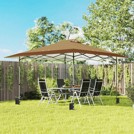Outsunny Tenda Dobrável Pop-up Gazebo 4x4 m com Bloqueio Central, UPF50+, Altura Ajustável, 4 Sacos de Areia e Bolsa de Transporte com Rodas, para Camping, Festas, Bege e Castanho