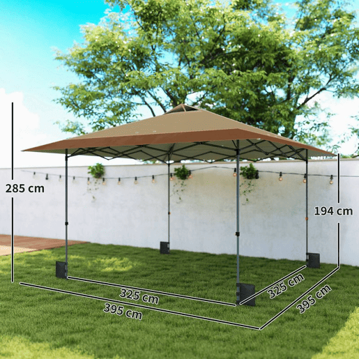 Outsunny Tenda Dobrável Pop-up Gazebo 4x4 m com Bloqueio Central, UPF50+, Altura Ajustável, 4 Sacos de Areia e Bolsa de Transporte com Rodas, para Camping, Festas, Bege e Castanho