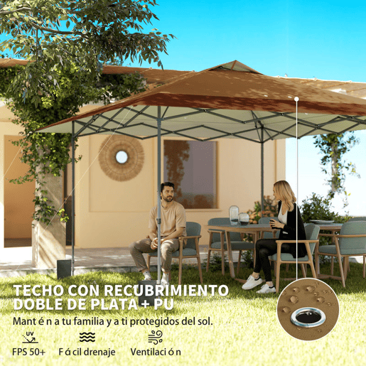 Outsunny Tenda Dobrável Pop-up Gazebo 4x4 m com Bloqueio Central, UPF50+, Altura Ajustável, 4 Sacos de Areia e Bolsa de Transporte com Rodas, para Camping, Festas, Bege e Castanho