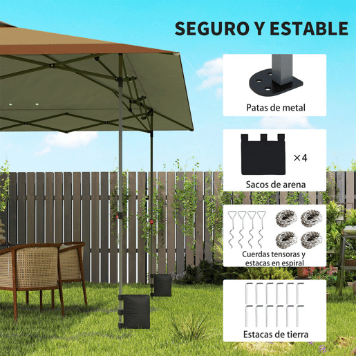 Outsunny Tenda Dobrável Pop-up Gazebo 4x4 m com Bloqueio Central, UPF50+, Altura Ajustável, 4 Sacos de Areia e Bolsa de Transporte com Rodas, para Camping, Festas, Bege e Castanho