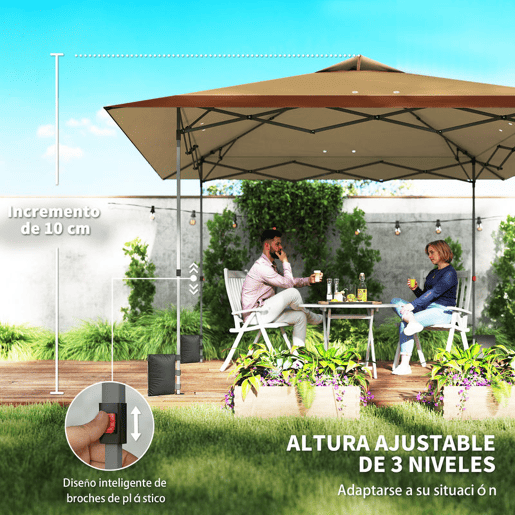 Outsunny Tenda Dobrável Pop-up Gazebo 4x4 m com Bloqueio Central, UPF50+, Altura Ajustável, 4 Sacos de Areia e Bolsa de Transporte com Rodas, para Camping, Festas, Bege e Castanho