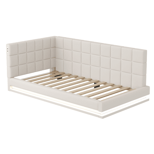 Sofá-cama com colchão de 90*200 - Multifuncional com luz LED, porta USB e estrado - Bege
