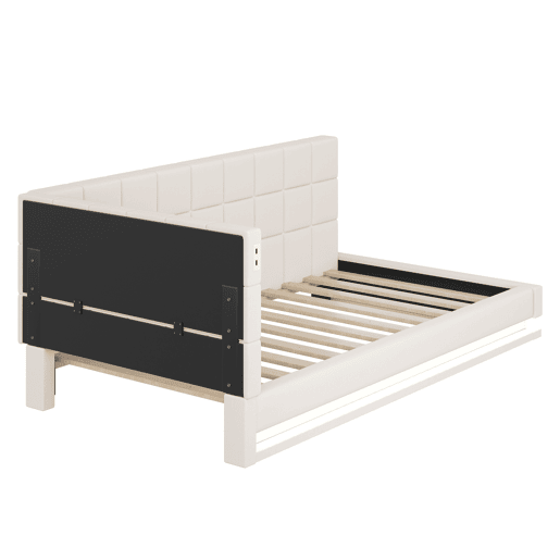 Sofá-cama com colchão de 90*200 - Multifuncional com luz LED, porta USB e estrado - Bege