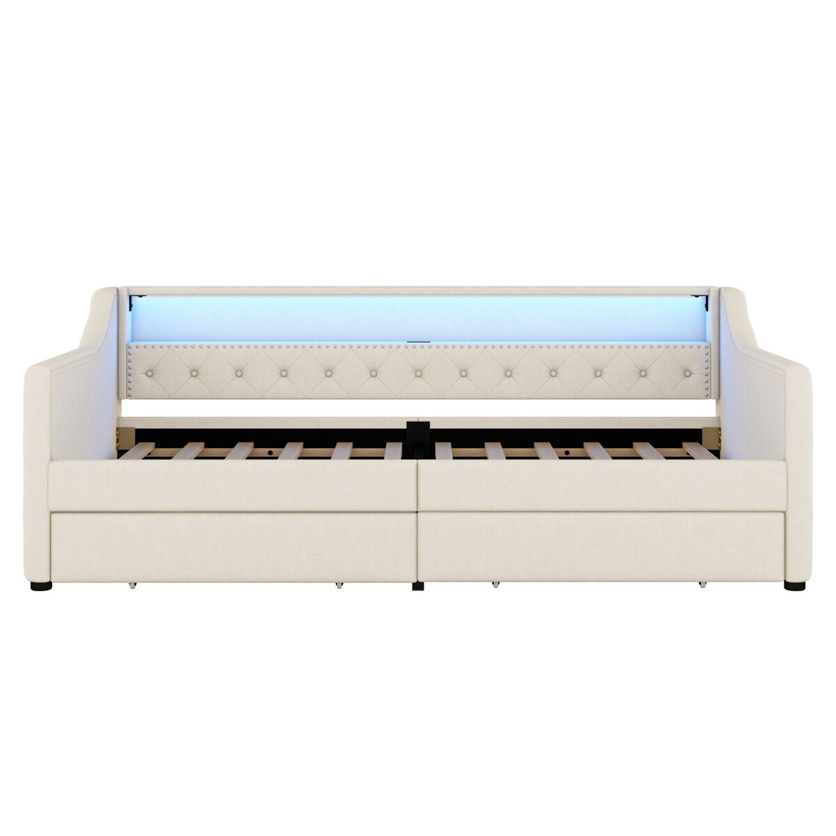 Día cama 90x200 cm - sofá cama, con lattenrost (sin colchón), luz ambiental con mando, dos cajones, puerto usb - beige