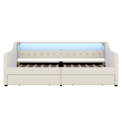 Cama de dia 90x200 cm - Sofá-cama, com estrado de ripas (sem colchão), luz ambiente com comando, duas gavetas, porta USB - Bege