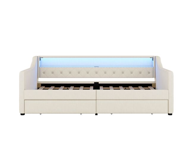 Día cama 90x200 cm - sofá cama, con lattenrost (sin colchón), luz ambiental con mando, dos cajones, puerto usb - beige
