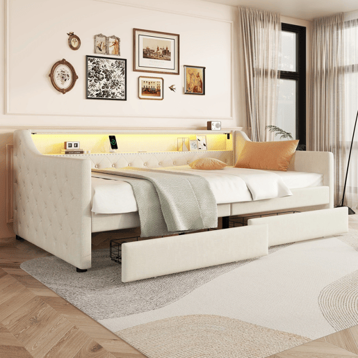 Cama de dia 90x200 cm - Sofá-cama, com estrado de ripas (sem colchão), luz ambiente com comando, duas gavetas, porta USB - Bege
