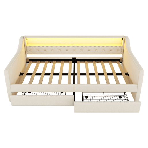 Cama de dia 90x200 cm - Sofá-cama, com estrado de ripas (sem colchão), luz ambiente com comando, duas gavetas, porta USB - Bege