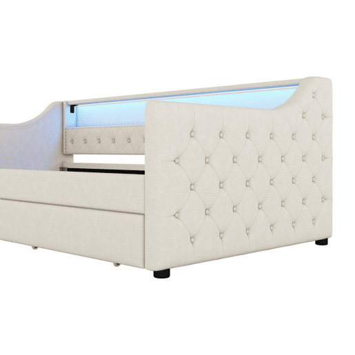 Cama de dia 90x200 cm - Sofá-cama, com estrado de ripas (sem colchão), luz ambiente com comando, duas gavetas, porta USB - Bege