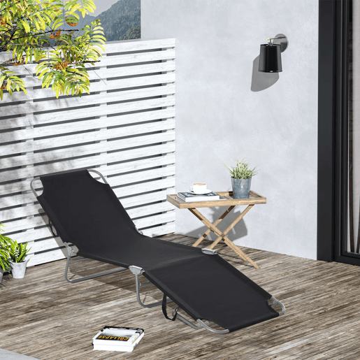 Outsunny Espreguiçadeira Dobrável, Espreguiçadeira de Jardim Exterior com Encosto Ajustável em 5 Posições e Estrutura Metálica, Suporta Até 120 kg, Para Terraço, Piscina, Praia, 187x55x24 cm, Preto
