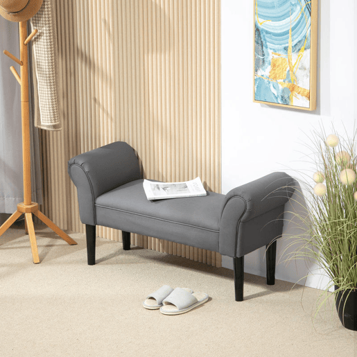HOMCOM Banco para Pé de Cama Banco Estofado em Linho Sintético com Pés de Madeira Braços e Assento Acolchoado Estilo Moderno para Quarto Entrada Corredor Cinzento Escuro