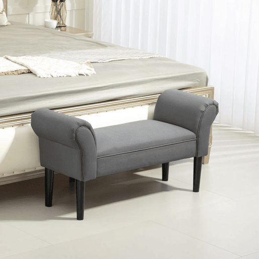 HOMCOM Banco para Pé de Cama Banco Estofado em Linho Sintético com Pés de Madeira Braços e Assento Acolchoado Estilo Moderno para Quarto Entrada Corredor Cinzento Escuro
