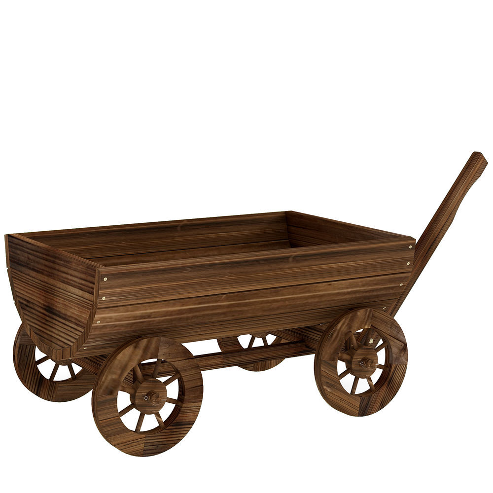 Outsunny carrito de madera decorativa con 4 ruedas y mango, jardinera exterior móvil con orificio de drenaje, macetero exterior para cultivos, plantas, jardín, terraza, 115x40x54,5 cm, carbonizado
