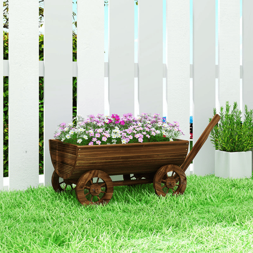 Outsunny Carrinho de Madeira Decorativo com 4 Rodas e Pega Floreiro Exterior Móvel com Furo de Drenagem Floreiro para Plantas Jardim Terraço 115x40x54,5 cm Carbonizado