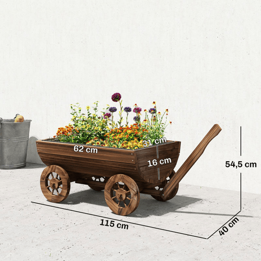 Outsunny Carrinho de Madeira Decorativo com 4 Rodas e Pega Floreiro Exterior Móvel com Furo de Drenagem Floreiro para Plantas Jardim Terraço 115x40x54,5 cm Carbonizado