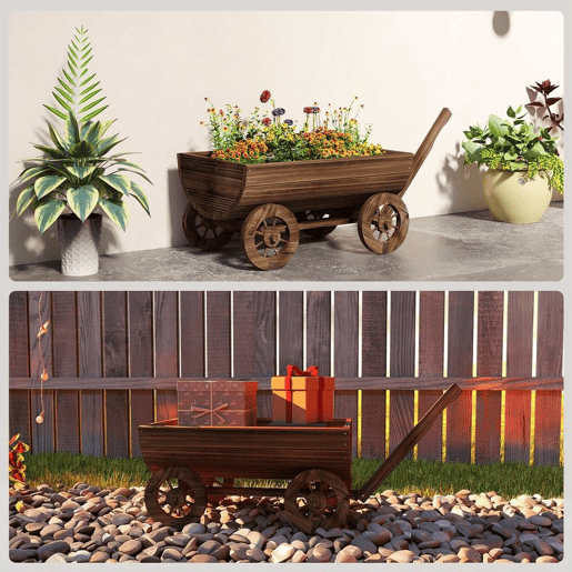 Outsunny Carrinho de Madeira Decorativo com 4 Rodas e Pega Floreiro Exterior Móvel com Furo de Drenagem Floreiro para Plantas Jardim Terraço 115x40x54,5 cm Carbonizado