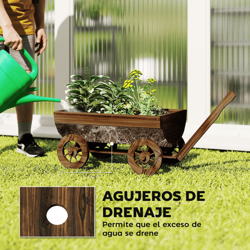 Outsunny Carrinho de Madeira Decorativo com 4 Rodas e Pega Floreiro Exterior Móvel com Furo de Drenagem Floreiro para Plantas Jardim Terraço 115x40x54,5 cm Carbonizado