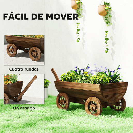 Outsunny Carrinho de Madeira Decorativo com 4 Rodas e Pega Floreiro Exterior Móvel com Furo de Drenagem Floreiro para Plantas Jardim Terraço 115x40x54,5 cm Carbonizado