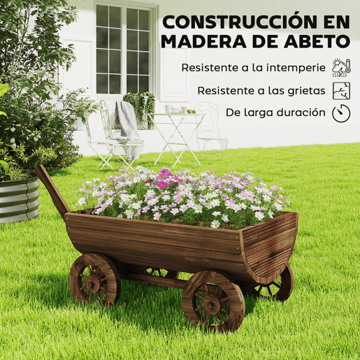 Outsunny Carrinho de Madeira Decorativo com 4 Rodas e Pega Floreiro Exterior Móvel com Furo de Drenagem Floreiro para Plantas Jardim Terraço 115x40x54,5 cm Carbonizado