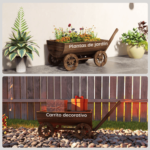 Outsunny Carrinho de Madeira Decorativo com 4 Rodas e Pega Floreiro Exterior Móvel com Furo de Drenagem Floreiro para Plantas Jardim Terraço 115x40x54,5 cm Carbonizado