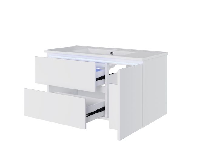 Mueble de baño suspendido 91x46,5x50,5cm - led sensor, 2 cajones, lavabo cerámico - blanco
