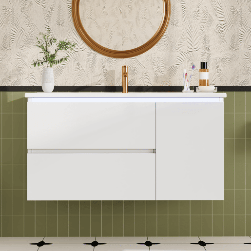 Móvel de casa de banho suspenso 91x46,5x50,5 cm - Sensor LED, 2 gavetas, lavatório cerâmico - Branco
