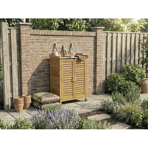 Armário de jardim em madeira Alexia com rodízios - 66 x 41 x 101 cm - Castanho