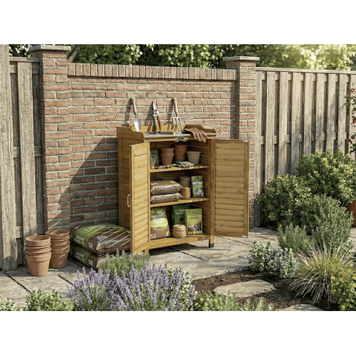 Armário de jardim em madeira Alexia com rodízios - 66 x 41 x 101 cm - Castanho