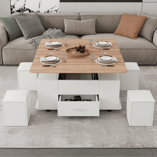 Mesa de centro ajustável - Multifuncional 4 em 1, com gavetas e 4 bancos - Branco + Madeira natural Mesa de centro ajustável - Multifuncional 4 em 1, com gavetas e 4 bancos - Branco + Madeira natural
