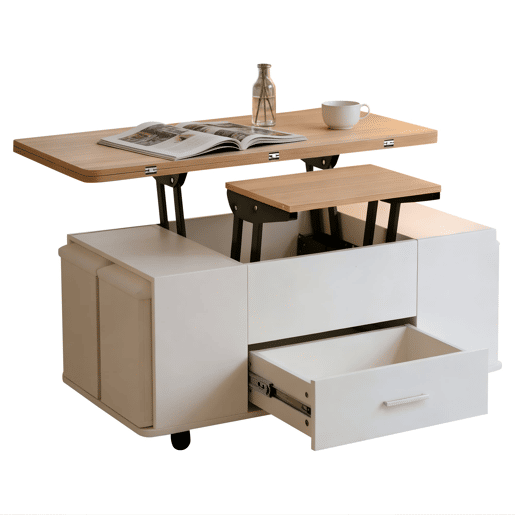 Mesa de centro ajustável - Multifuncional 4 em 1, com gavetas e 4 bancos - Branco + Madeira natural Mesa de centro ajustável - Multifuncional 4 em 1, com gavetas e 4 bancos - Branco + Madeira natural
