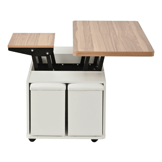 Mesa de centro ajustável - Multifuncional 4 em 1, com gavetas e 4 bancos - Branco + Madeira natural Mesa de centro ajustável - Multifuncional 4 em 1, com gavetas e 4 bancos - Branco + Madeira natural