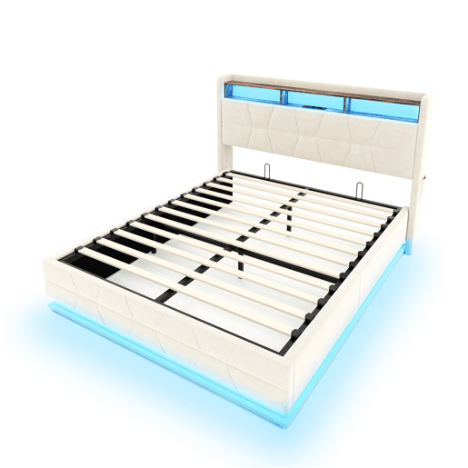 Cama multifuncional 140x200cm - LED, prateleiras, bolsos, USBType-C, cabeceira com arrumação - Bege