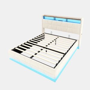 Cama multifuncional 140x200cm - LED, prateleiras, bolsos, USBType-C, cabeceira com arrumação - Bege