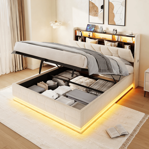 Cama multifuncional 140x200cm - LED, prateleiras, bolsos, USBType-C, cabeceira com arrumação - Bege