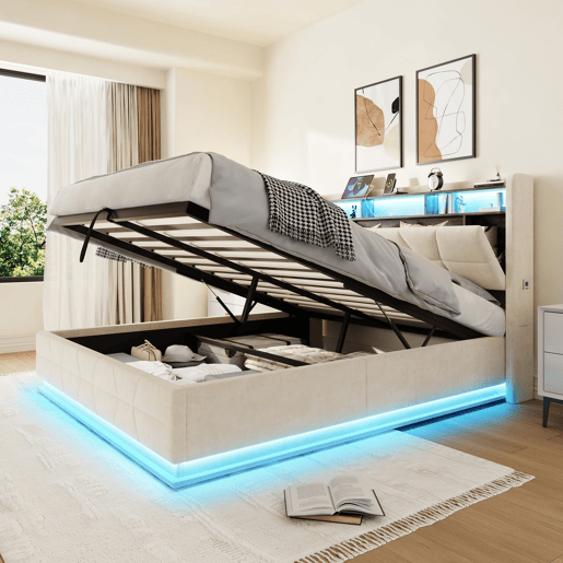 Cama multifuncional 140x200cm - LED, prateleiras, bolsos, USBType-C, cabeceira com arrumação - Bege