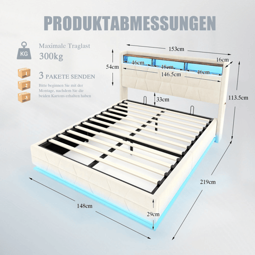 Cama multifuncional 140x200cm - LED, prateleiras, bolsos, USBType-C, cabeceira com arrumação - Bege