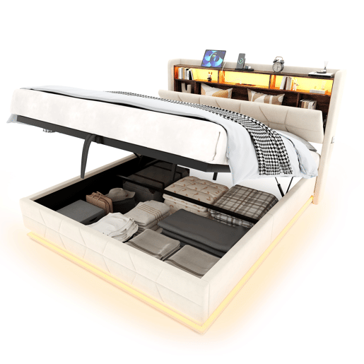 Cama multifuncional 140x200cm - LED, prateleiras, bolsos, USBType-C, cabeceira com arrumação - Bege